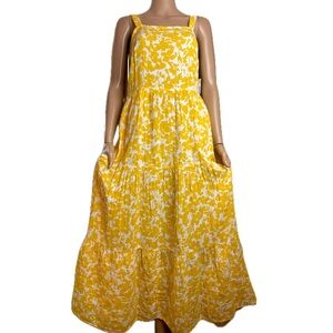 Lemon Yellow Hawaiian Floral Cotton Full Tier Skirt Dress Tropical Smocked Back